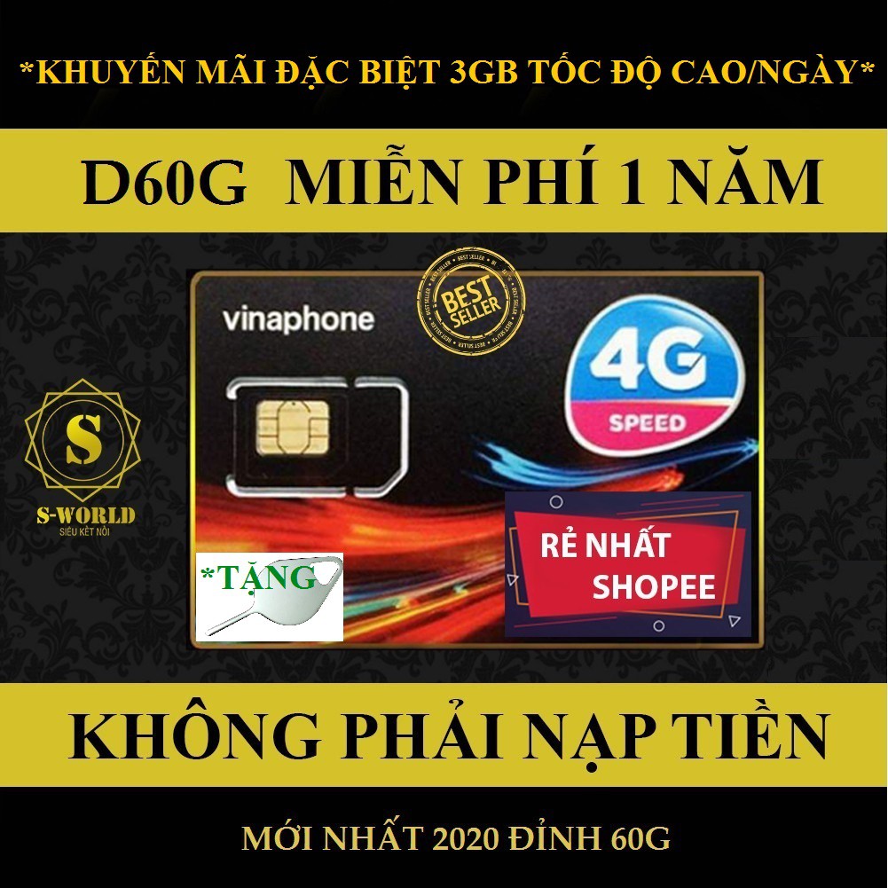 [KHUYẾN MÃI ĐẶC BIỆT]SIM 4G FREE 1 NĂM VINAPHONE ĐỈNH 2020 D60G KHUYẾN MÃI 3GB TỐC ĐỐC ĐỘ CAO/NGÀY