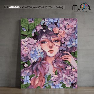 Tranh sơn dầu số hóa tự tô màu Myart - Tranh Cô gái hoa cẩm tú cầu (Marganet Morales) mã AN0900