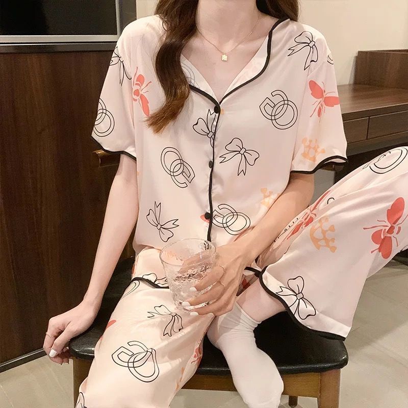 Đồ Bộ Pijama - Bộ Pyjama Nữ Lụa Satin Mát Tay Ngắn-Quần Dài Chất Liệu Satin Sang Chảnh Cao cấp pizama bộ đồ nữ