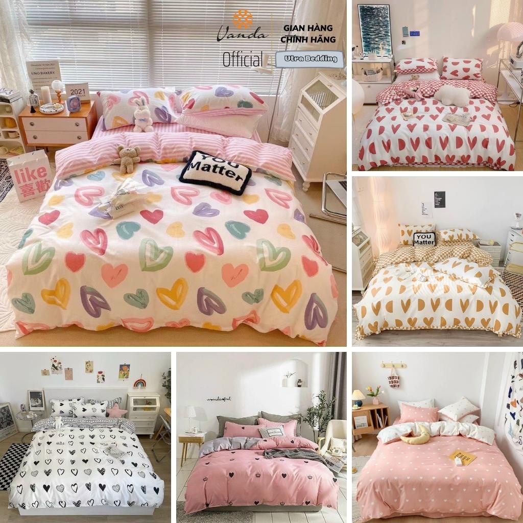 Bộ chăn ga gối Cotton Poly Vanda nhập khẩu họa tiết Trái tim Miễn Phí bo chun drap giường