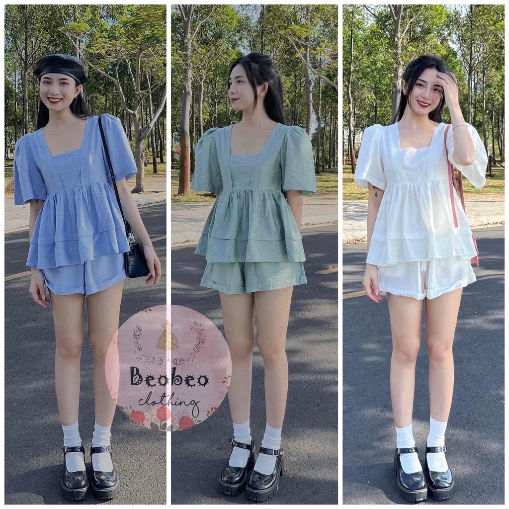 Set áo peplum cổ vuông tay phồng kèm quần short dễ thương