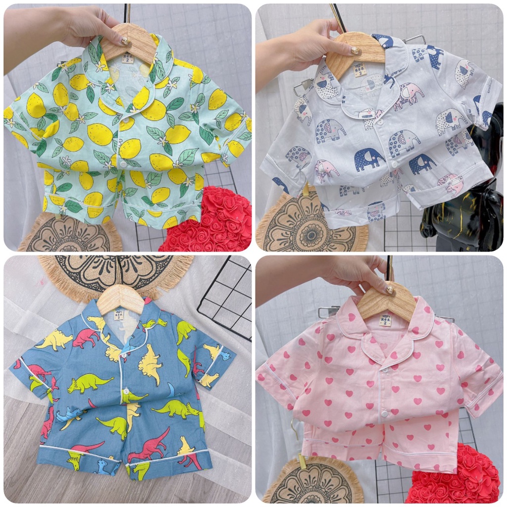 Bộ Pijama Cộc Tay Họa Tiết Cho Bé Chất Vải Thô Mềm Thái Mùa Hè Mát Mẻ