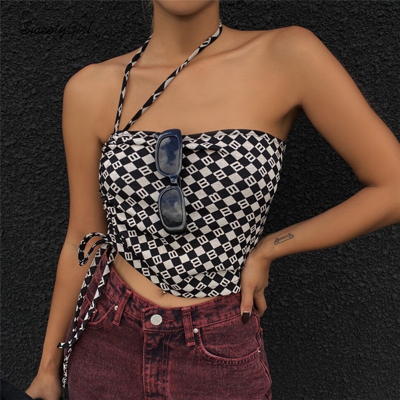 Áo hai dây ôm dáng màu sắc tương phản in chữ dành cho nữ