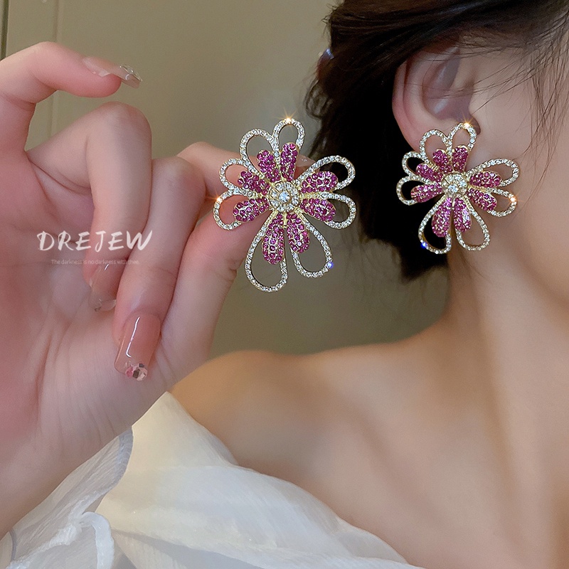 DREJEW Bông Tai Mạ Bạc Hình Hoa Đính Kim Cương Giả Phong Cách Âu Mỹ Sang Trọng