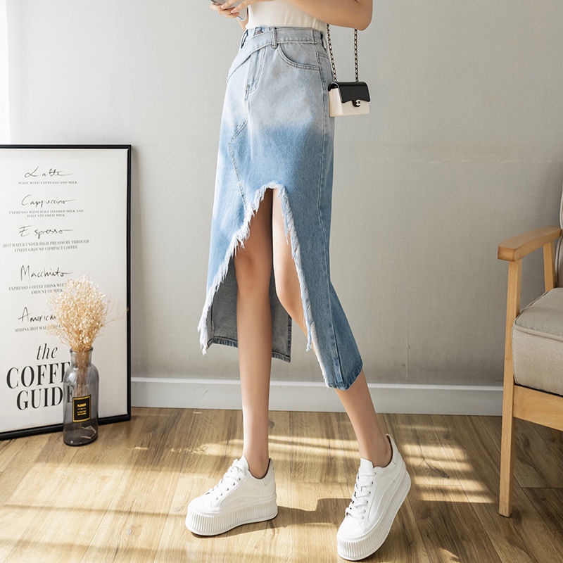 Chân Váy Denim Dáng Chữ A Xẻ Tà Màu Sắc Tương Phản Thời Trang