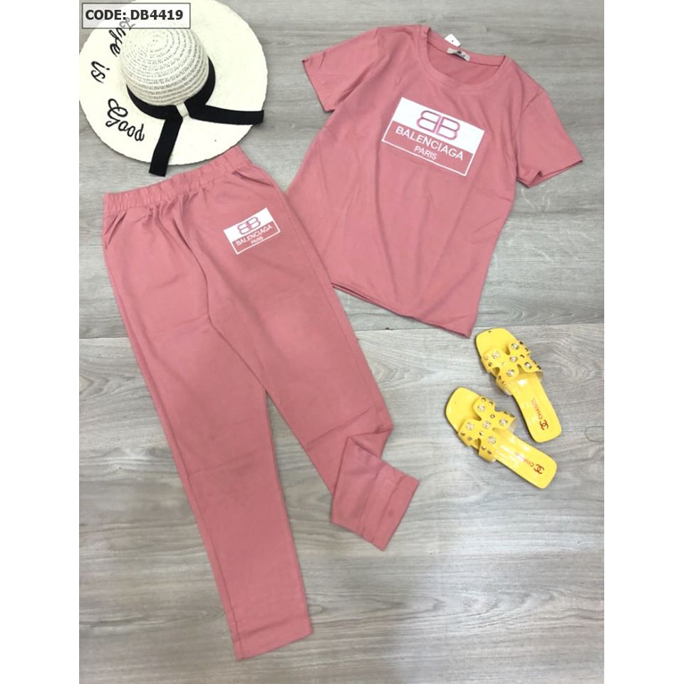 Bộ Đồ Mặc Nhà Nữ Thun Cotton Quần Dài Cổ Tròn Thêu Logo