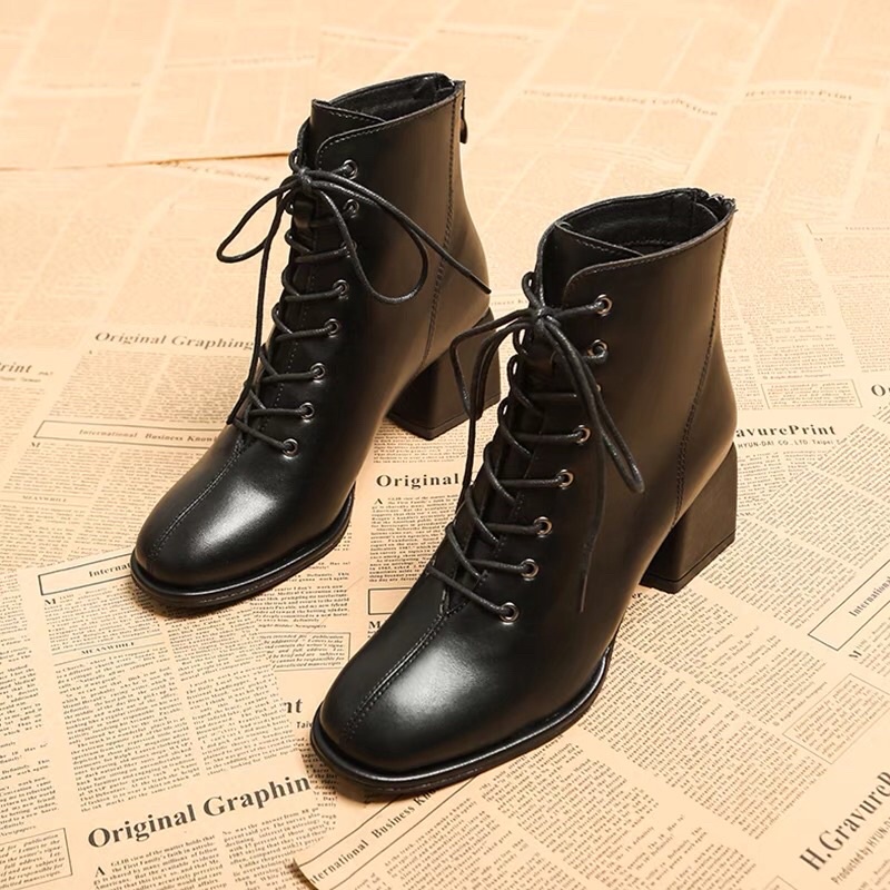 Giày bốt nữ Cổ lửng nhiều dây Cao Cấp - boots nữ đế cao 8cm gót vuông 2 loại da