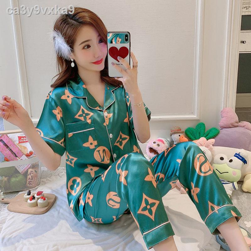 ☽M-5XL đồ ngủ của phụ nữ mùa hè, mùa xuân và mùa thu băng lụa ngắn tay quần dài hai mảnh phù hợp với lụa mỏng