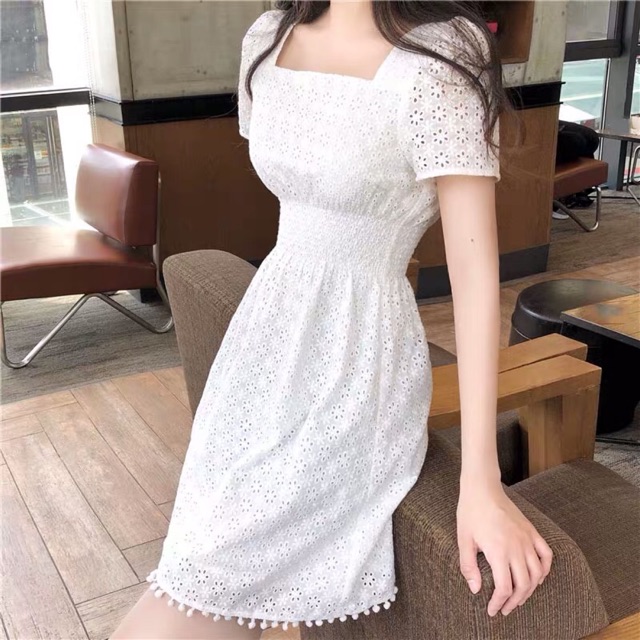 (Order) Váy trắng cổ vuông thanh lịch