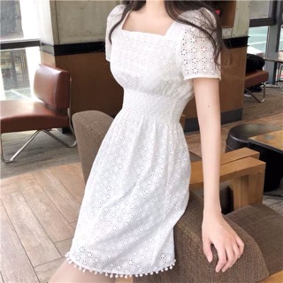 (Order) Váy trắng cổ vuông thanh lịch
