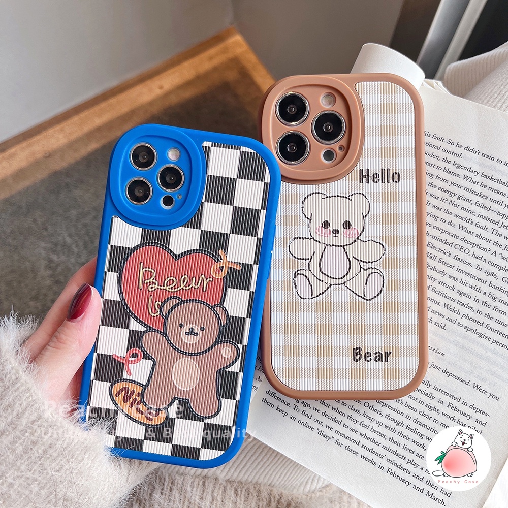 Ốp điện thoại TPU mềm phối da họa tiết sọc caro hình gấu cho IPhone 13 12 11 Pro Max X Xs Max XR 7 8 Plus 12pro