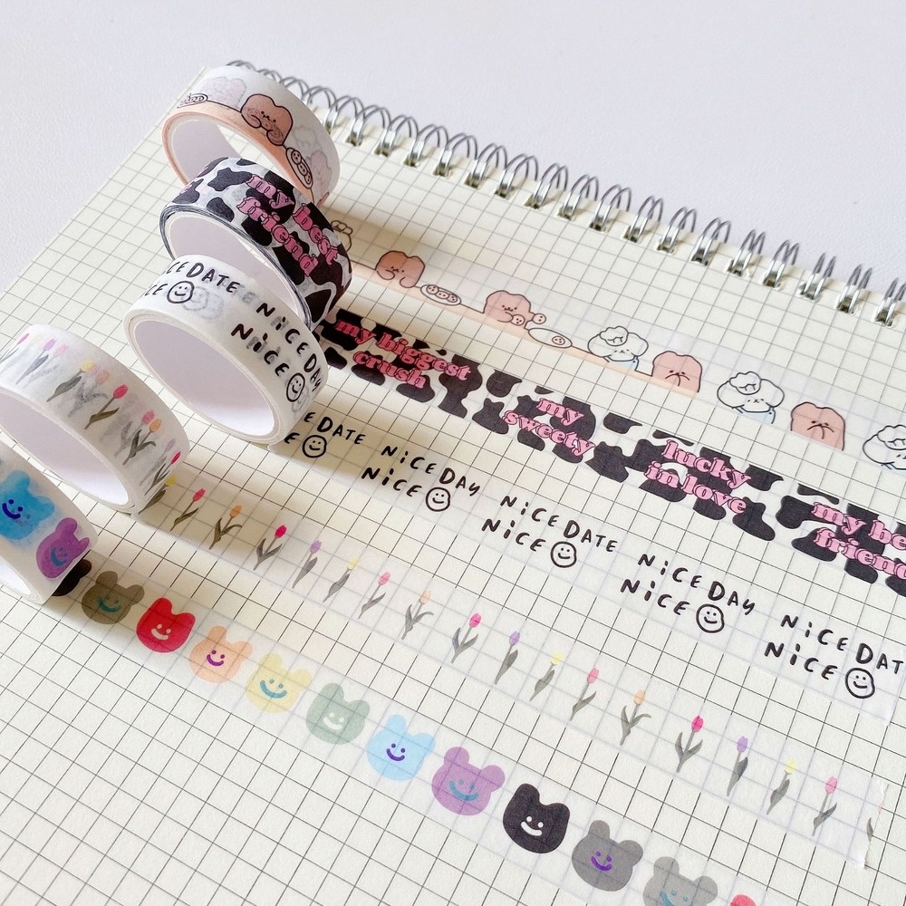 Cuộn băng giấy dán washi in hình gấu/ hoa tulip trang trí sổ tay dễ thương DIY