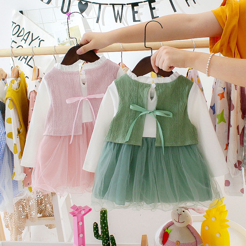 Qiaoqiao Đầm Công Chúa Tay Dài Giả Hai Mảnh Thời Trang Mùa Thu Cho Bé Gái