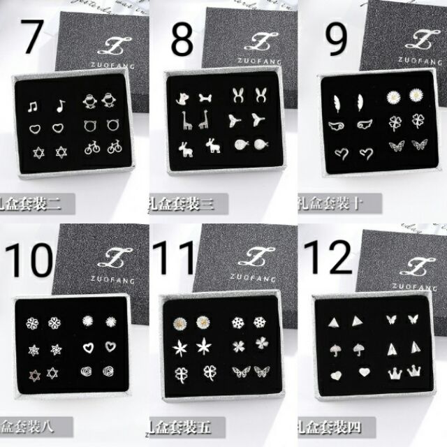 Bộ khuyên tai bạc đơn giản 6 đôi/1 hộp