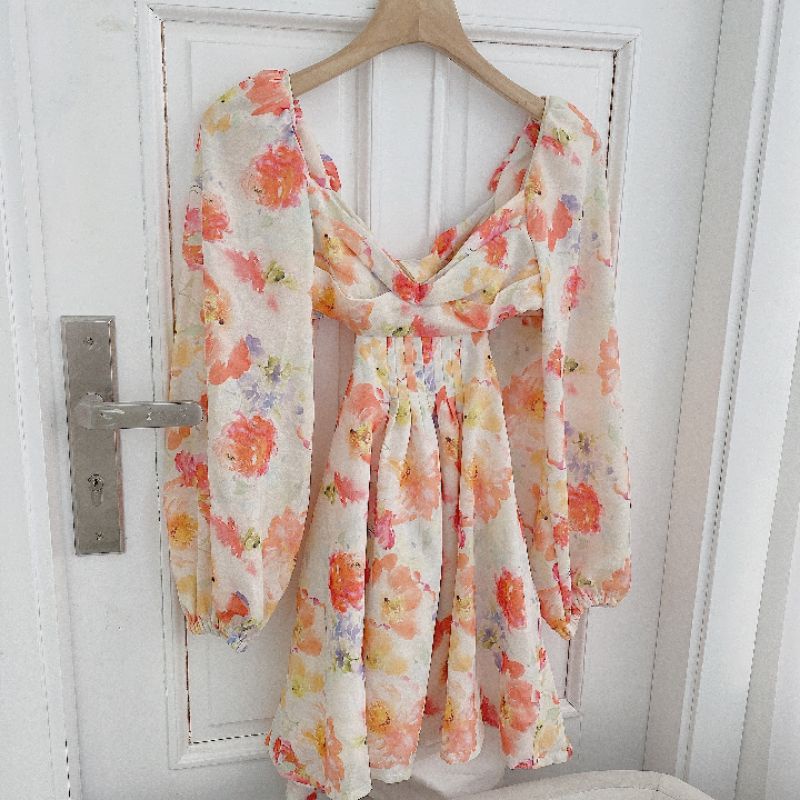 Đầm hoa hồng cam xòe nơ lưng mã 0203
