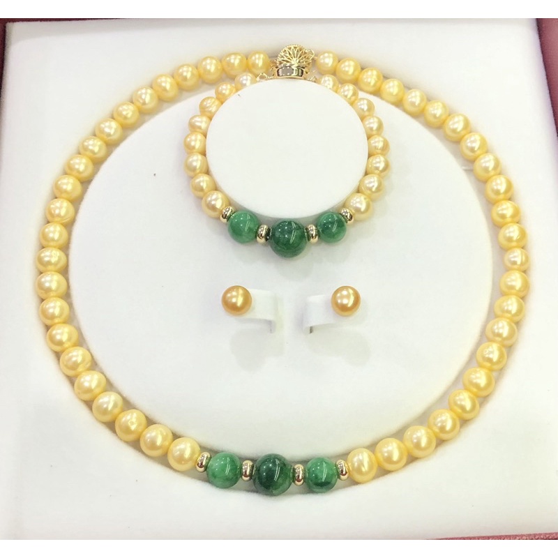 Bộ Trang Sức Hạt Ngọc Trai Vàng 9ly Mix Đá Xanh Sang Trọng Dự Tiệc, Quà Tặng - Ngọc Trai Trường Thịnh