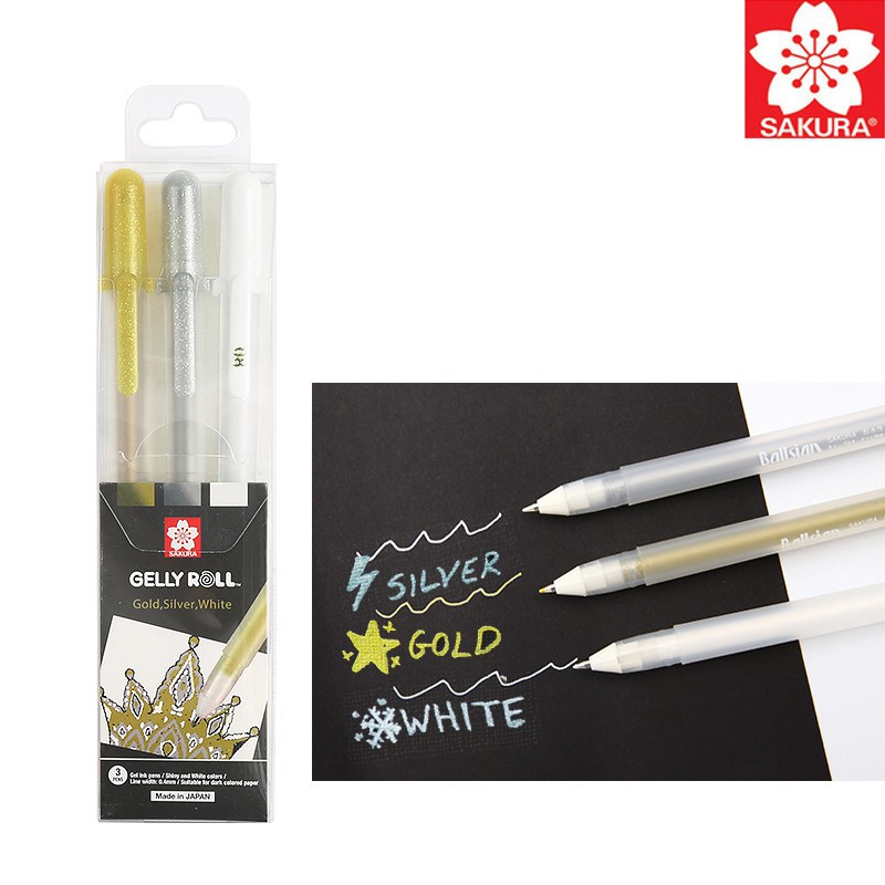 Bút line, bút gel nhũ Gelly Roll Sakura set 3 cây màu vàng, xám, trắng ngòi 0.4mm chuyên đi nét, vẽ tranh