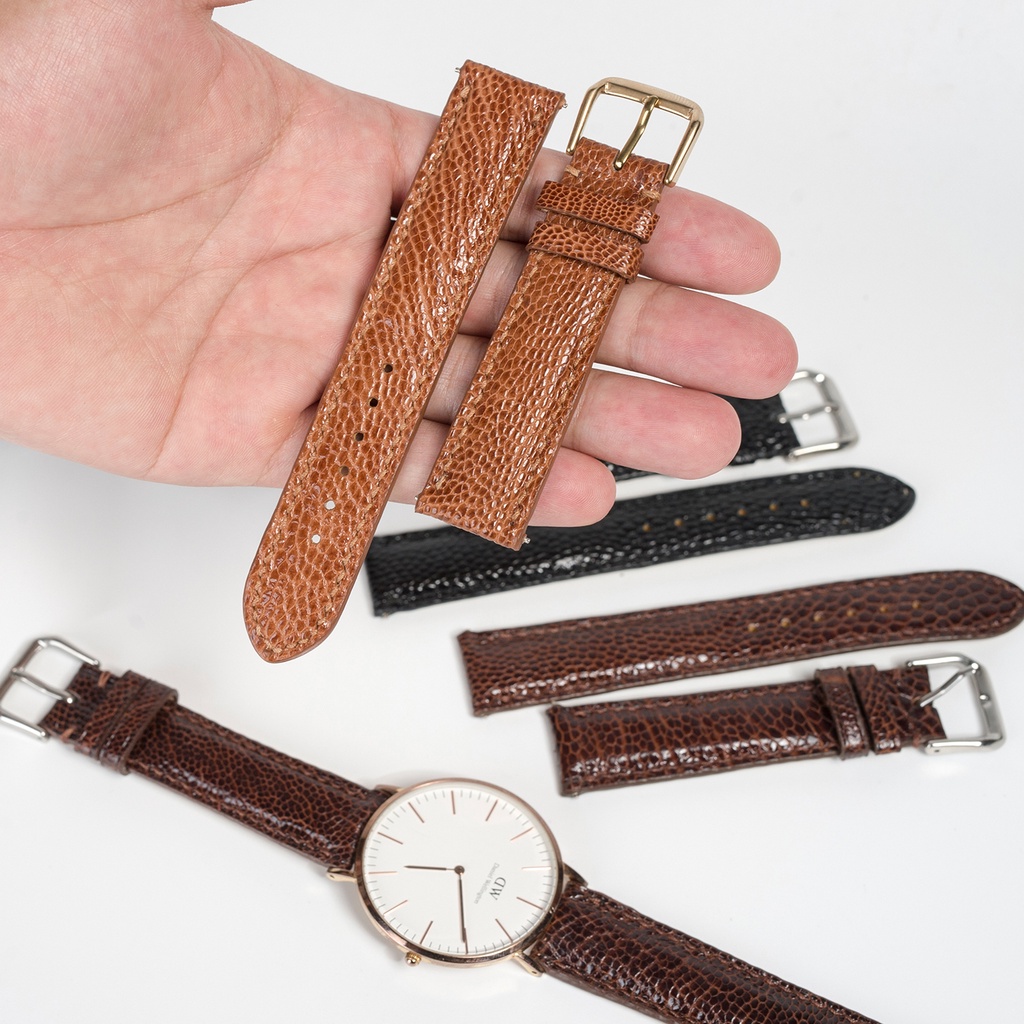 Dây đồng hồ da đà điểu-khâu tay thủ công D104 size 18mm, 20mm, 22mm, 24mm-Bụi Leather