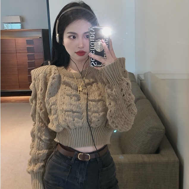 Áo len ZHELIHANGFEI dệt kim mỏng tay phồng dài xinh xắn thời trang Hàn Quốc cho nữ