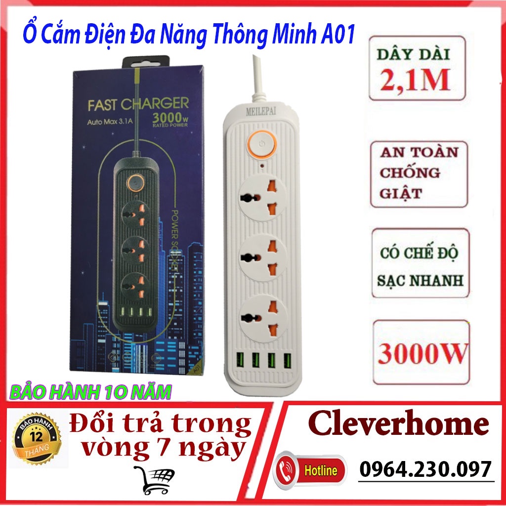 Ổ cắm điện Fast Charger  A01 - Ổ điện đa năng thông minh Auto Max 3.1A an toàn chống giật, chống cháy nổ, lõi đồng