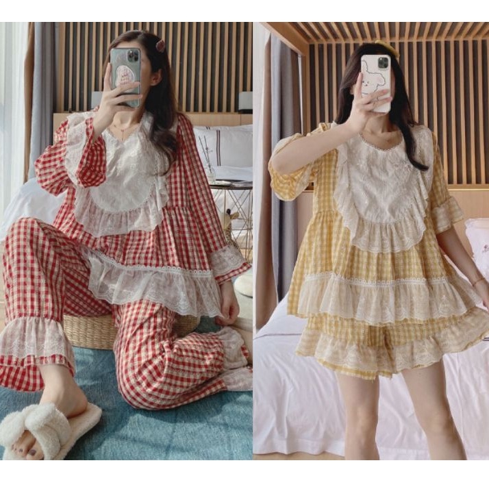 (SẴN ĐỎ) Set bộ sọc caro cổ tròn quảng châu tiểu thư