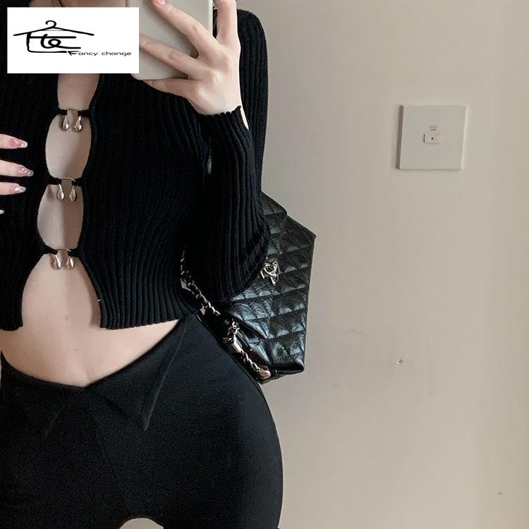 Áo Cardigan Dệt Kim Tay Dài Cổ Tròn Thấp Dáng Ôm Phong Cách Hàn Quốc Dành Cho Nữ