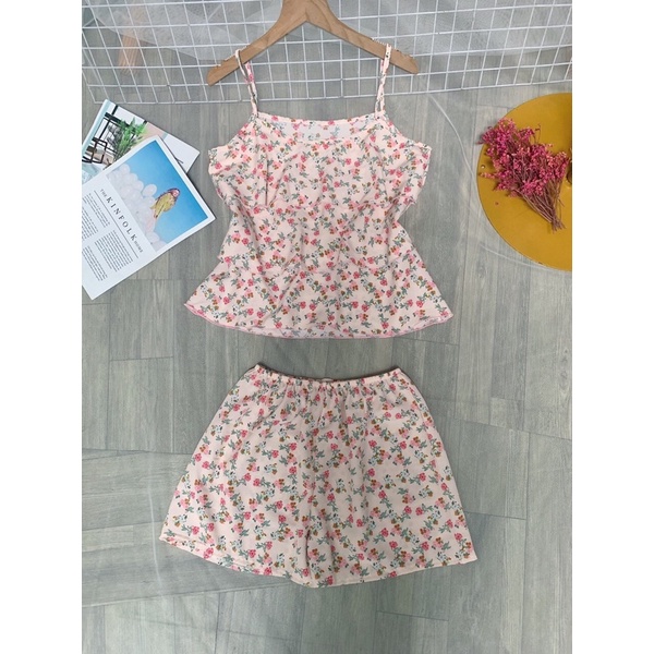 Đồ bộ voan lụa 2 dây tầng mặc nhà dễ thương