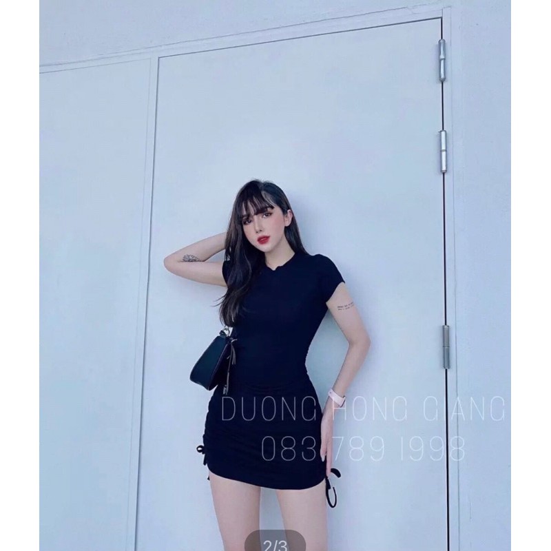 Đầm body basic tay ngắn rút dây hông tôn dáng