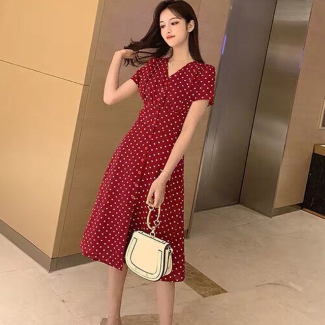 [Mã WAMST112 giảm 25k đơn 150k] WADD31 giảm30% tối đa 25k - Đầm Bi Đỏ Nhún Ngực xt