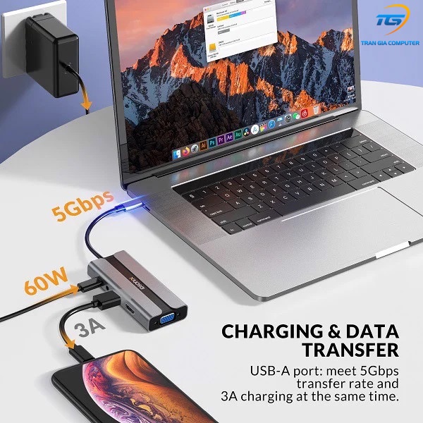 Cáp chuyển USB-C sang HDMI, VGA, 3.5mm, USB 3.0, PD 60W iDsonix DA-5HV