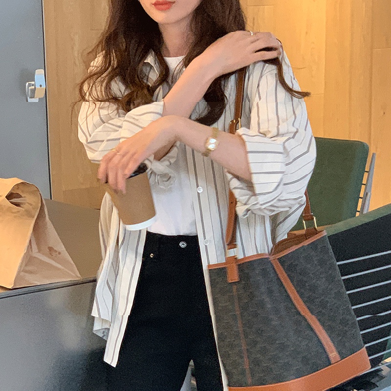 Xiaozhainv Áo sơ mi tay dài họa tiết kẻ sọc phong cách Hàn Quốc trẻ trung cho nữ
