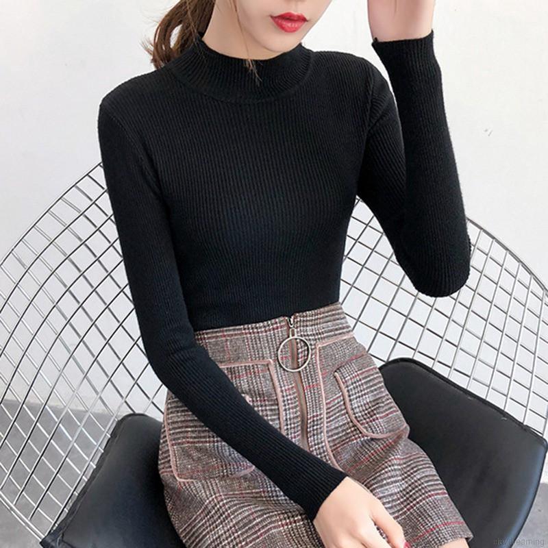 Áo Sweater tay dài màu trơn thiết kế cổ lọ thanh lịch