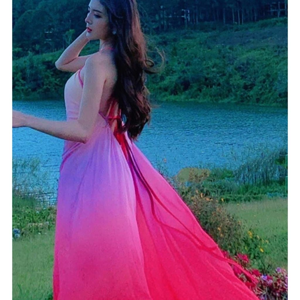 Đầm maxi đi biển loang màu cổ yếm hở vai có mút ngực thả dáng xinh đẹp phong cách thời trang XUKA-DRESS MT050