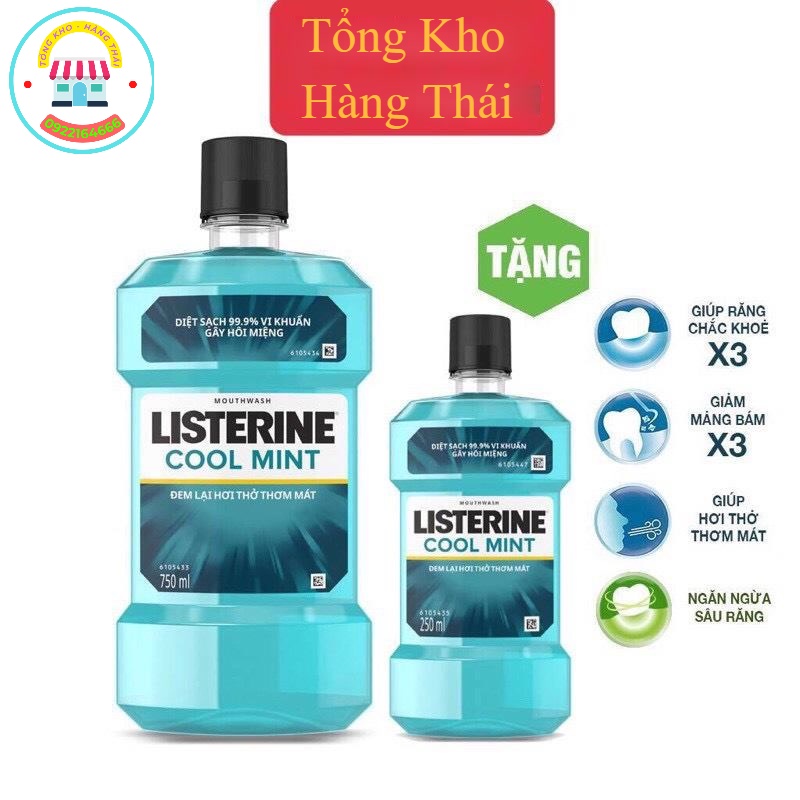 (100% Chính Hãng )Chai Nước Súc Miệng Listerine Tăng Khả Năng Diệt Khuẩn Vượt Trội (750ml tặng 250ml) (SP200275)