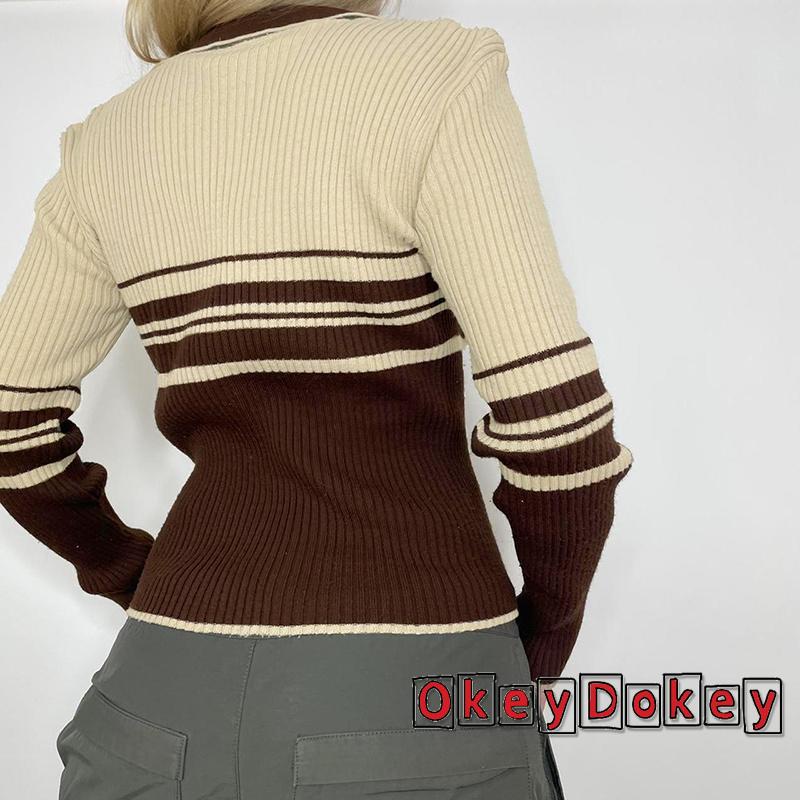 Áo Cardigan Tay Dài Cổ Chữ V Màu Tương Phản Thời Trang Đường Phố Cho Nữ