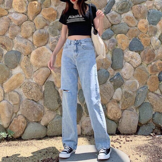 Baggy Jeans Ống Rộng Dài Rách 1 Bên