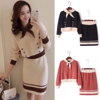 Bán Sỉ Set len cổ buộc nơ phối cúc chân váy