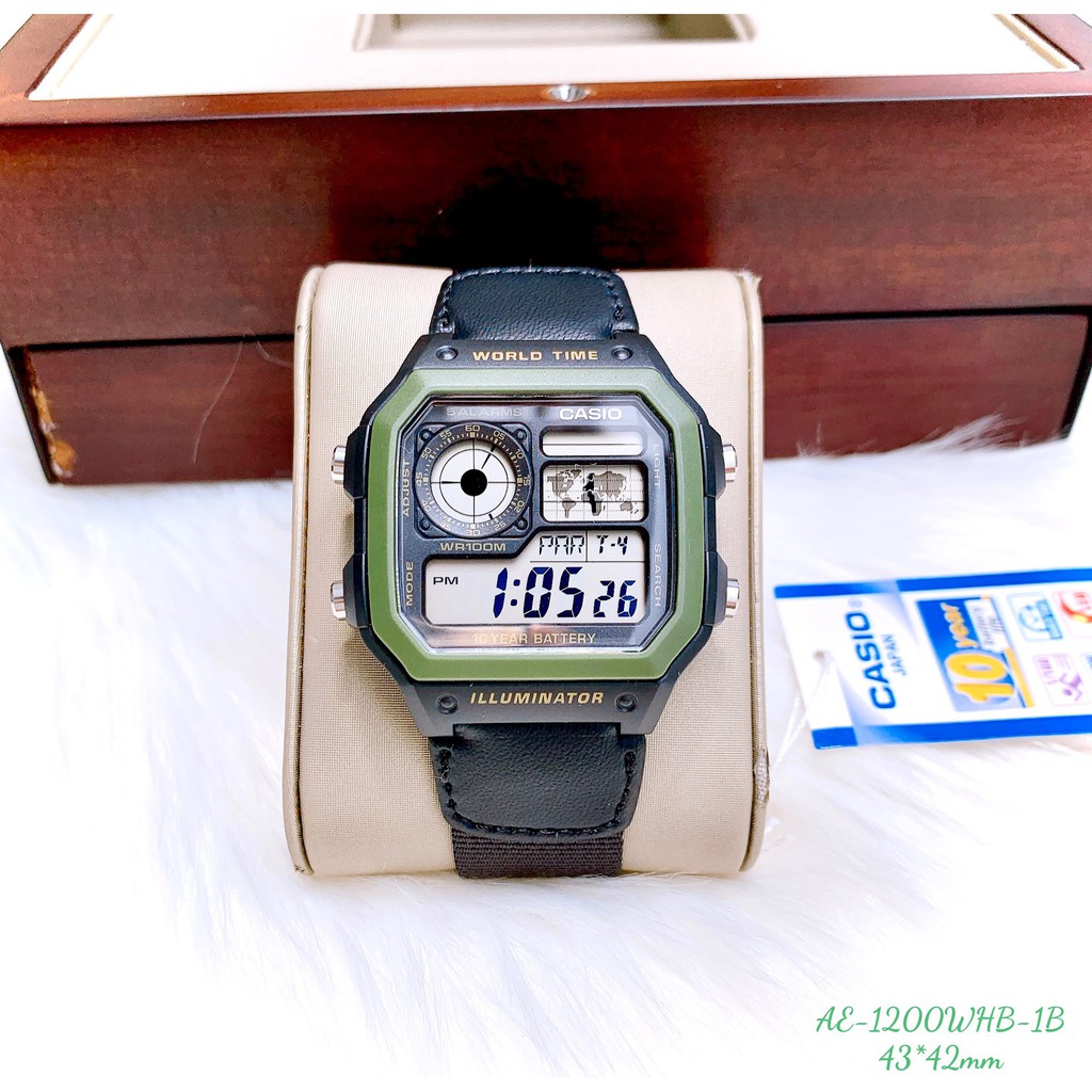 Đồng hồ Nam chính hãng Casio Digital Quartz AE-1200WHB-3B Vỏ xanh-Máy Pin-Dây vải-Tuổi thọ pin 10 năm