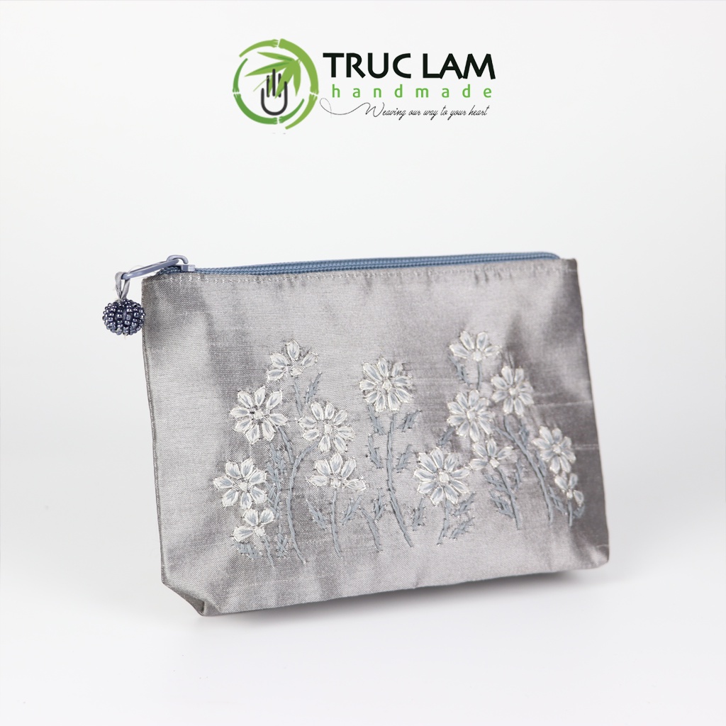 Ví Cầm Tay Túi Đựng Vải Tafta Họa Tiết Hoa Cỏ Kim Tuyến Thêu Tay - Trúc Lâm Handmade