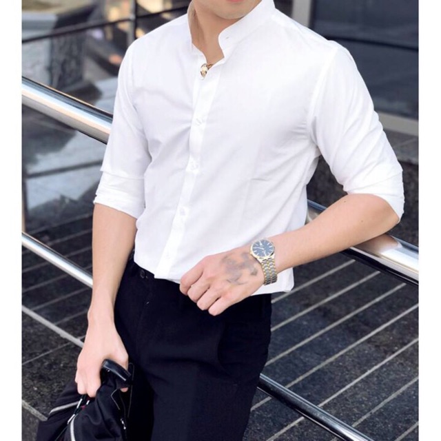 Sơ mi Nam cổ bẻ trắng ,đen - cổ tàu trắng ,đen công sở học sinh, hàng vải lụa chống nhăn, cao cấp ôm dáng thời trang trẻ | BigBuy360 - bigbuy360.vn