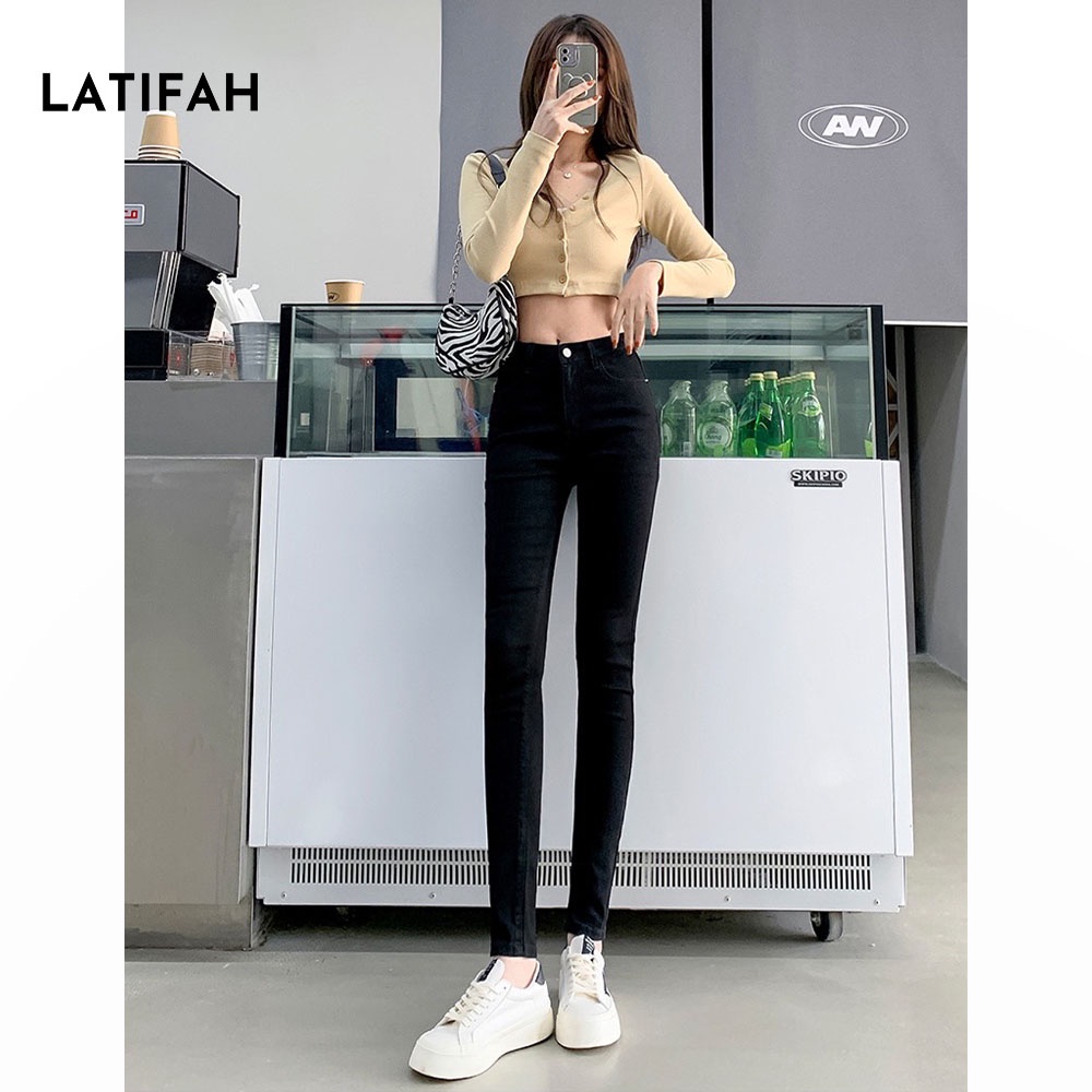 Quần dài jeans nữ co giãn LATIFAH cạp thường trơn màu đen cá tính QD023 phong cách hàn quốc