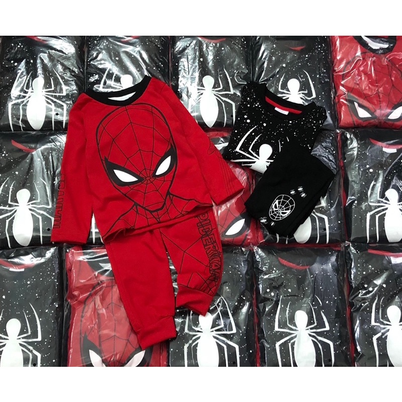 Set 2 bộ cotton dài tay Spiderman đỏ đen 11-24kg