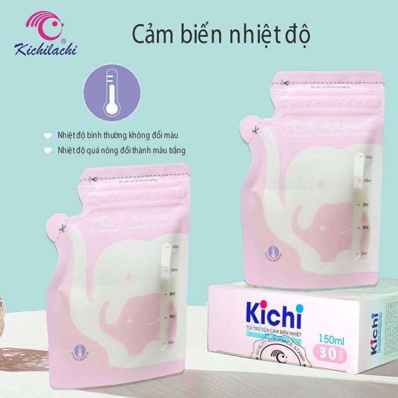 Hộp 30 túi trữ sữa Mẹ cảm ứng nhiệt có vòi rót 150ml Kichilachi Kichi / MamiCare - K30V (Công nghệ Nhật)