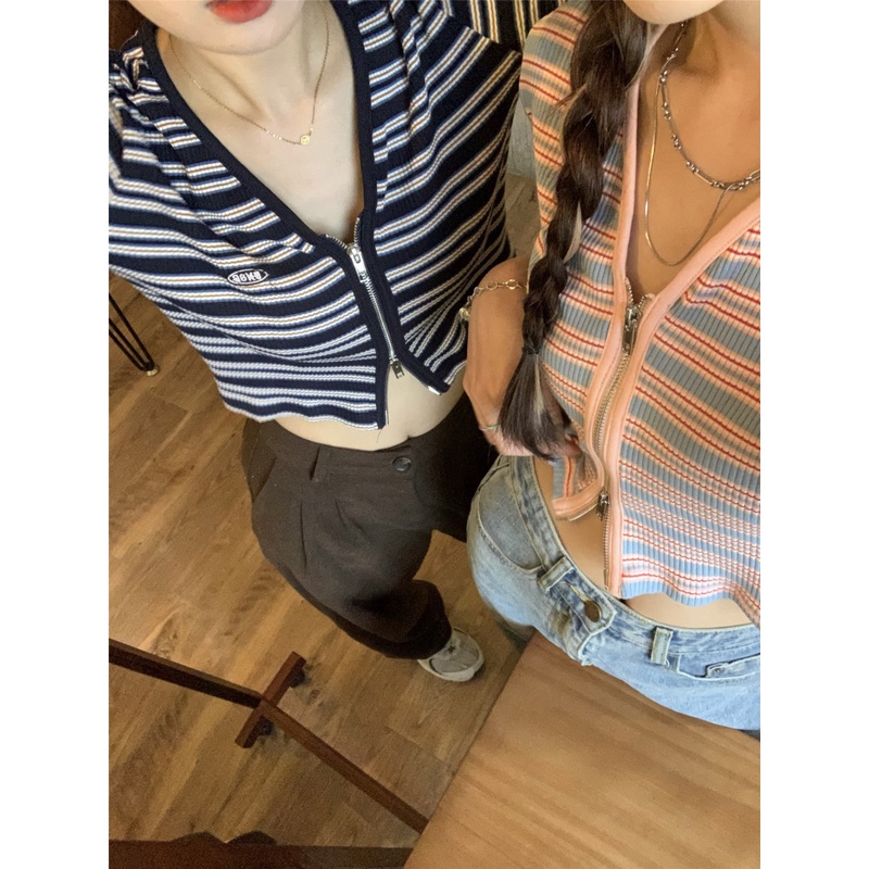 Áo dệt kim SUXI tay ngắn cổ chữ V kẻ sọc phối khóa kéo thời trang mùa hè cho nữ