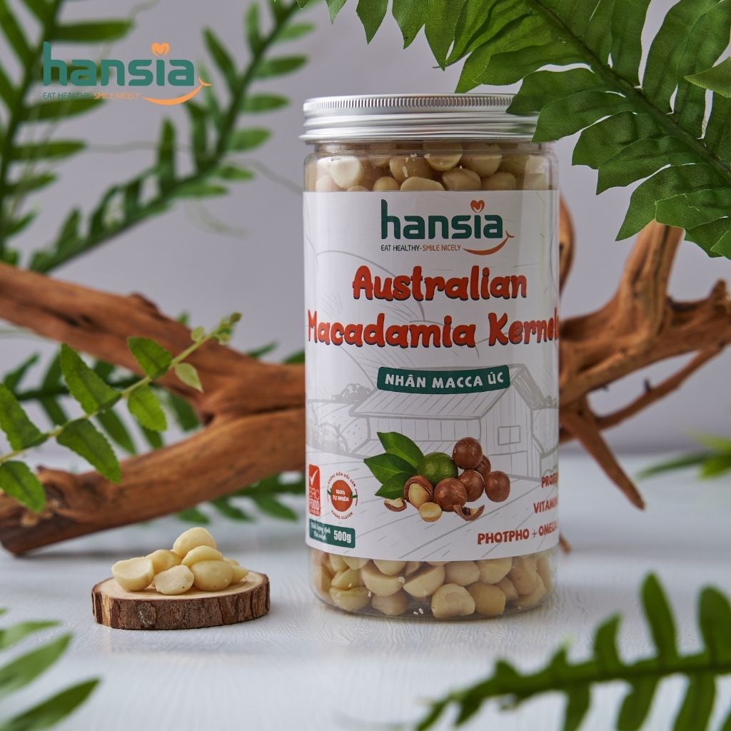 Nhân Macca Úc Vỡ Nửa Organic HANSIA Thơm, Vị Ngọt Nhẹ Chứa Nhiều Vi Khoáng Và Acid Béo Tốt Cho Sức Khỏe Hộp 300g - 500g