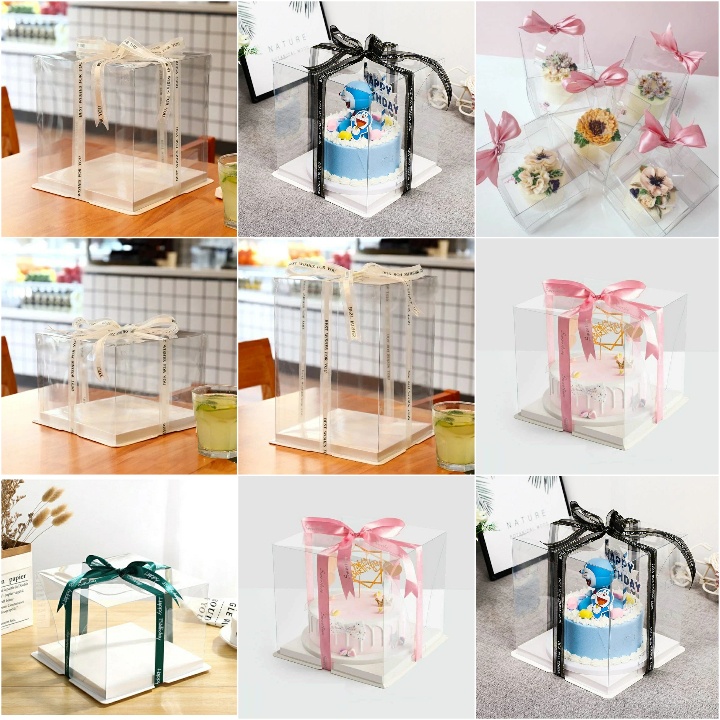 Đồ làm bánh kem  hộp đựng bánh meka trong suốt kèm đế không kèm ruybang