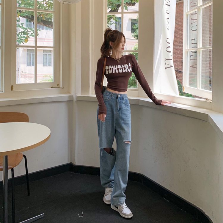 Áo Thun Đen Tay Dài Dáng Ôm In Họa Tiết Thời Trang Quyến Rũ Cho Nữ