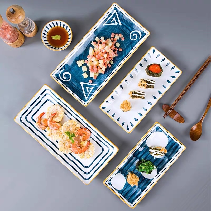 Đĩa Sứ Dài Hình Chữ Nhật Đựng Thức Ăn Sushi Hoạ Tiết Phong Cách Kiểu Nhật Decor Bàn Ăn Dĩa Sứ Ăn Cơm