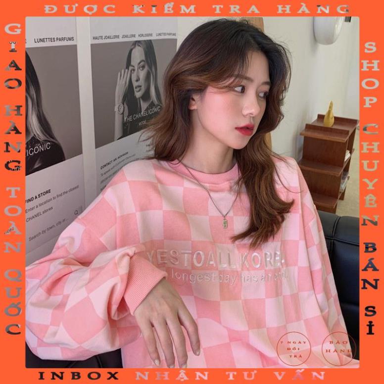Áo sweater tay dài dáng rộng sọc ca rô phối màu sắc tương phản trẻ trung thời trang dành cho nữ