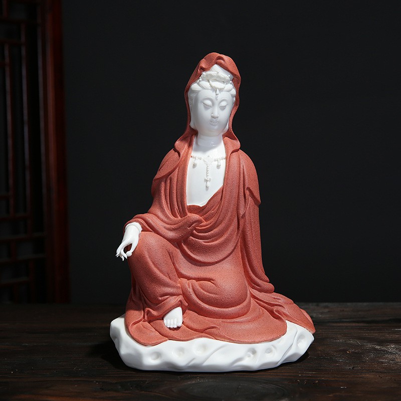 Tượng Quan Âm gốm trắng tọa thiền tịnh tâm- Tượng phật gốm tử sa trang trí decor ghép lũa